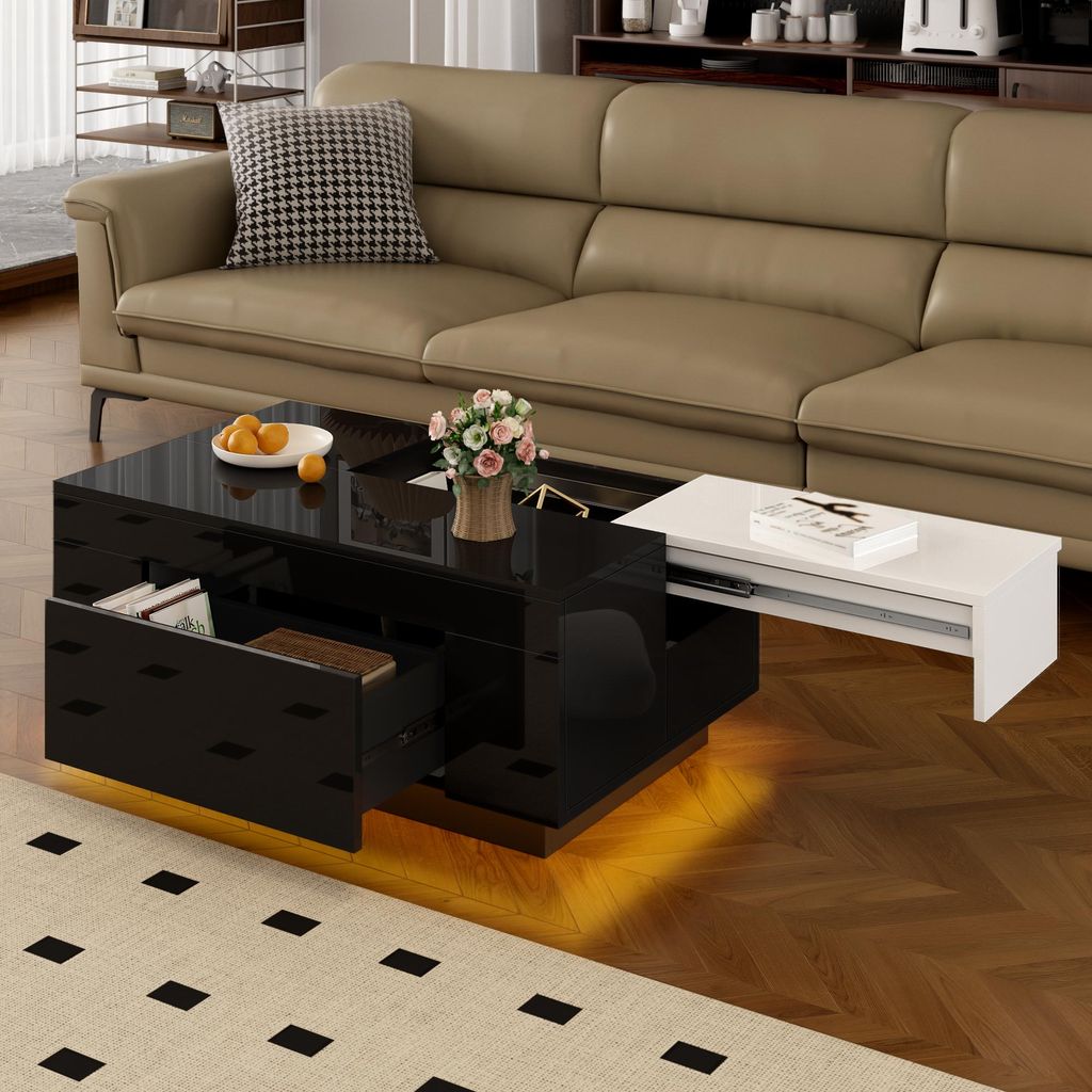STILVORA ausziehbarer Couchtisch mit LED-Beleuchtung,Kaffeetisch mit Schublade&Stauraum,Beistelltisch mit Hochglanz,Schwarz+Weiß