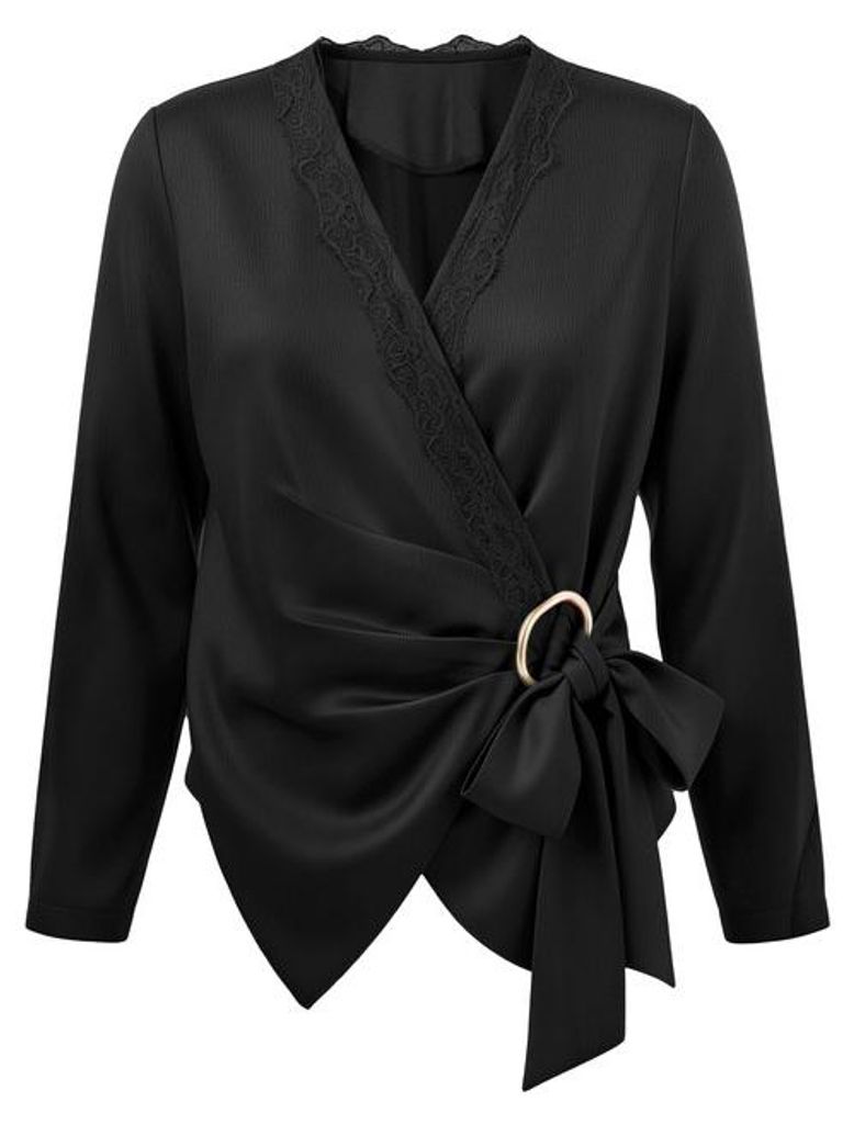 Elegante Langarm-Bluse in Wickeloptik mit Zierschnalle
