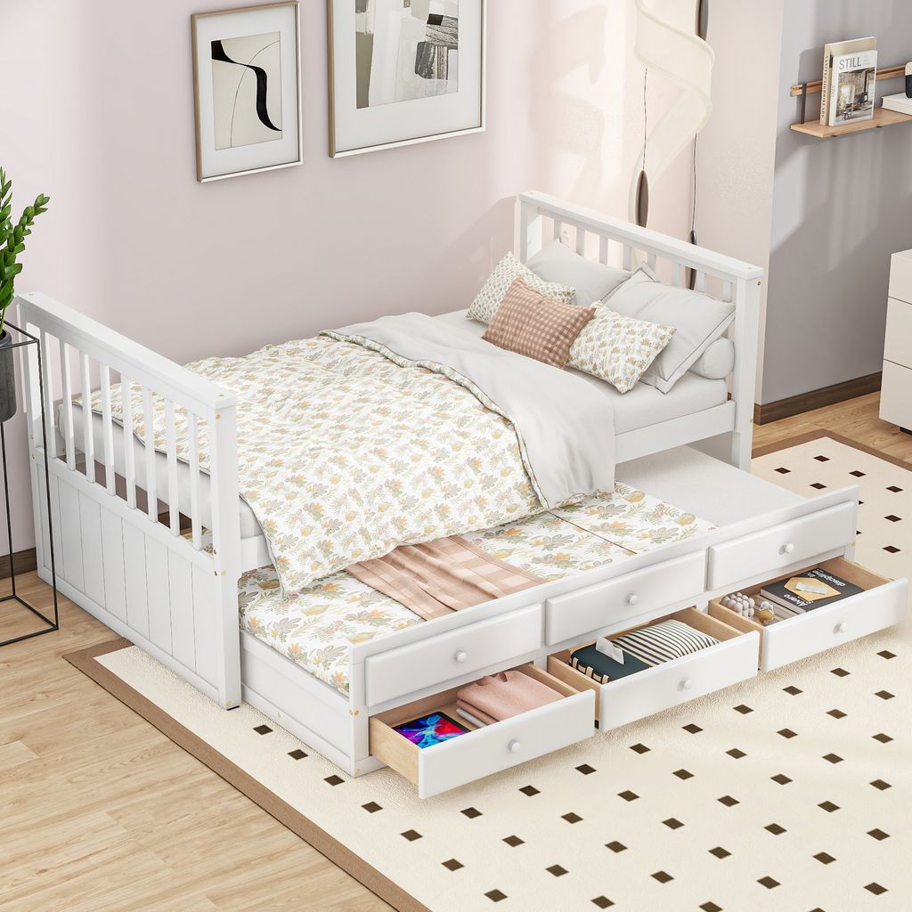 Daybett, Kinderzimmer-Upgrade, Massivholz-Einzelbett mit 3 Schubladen & Ausziehbett, weiß, 90x200cm