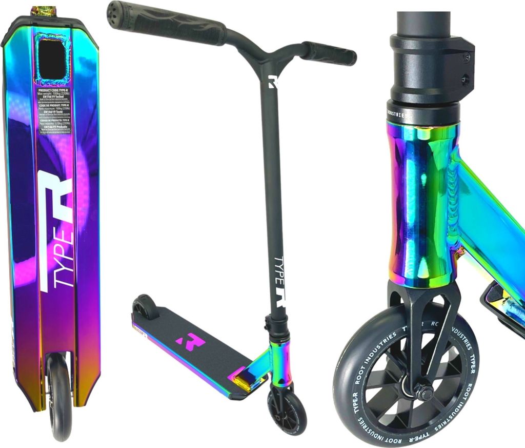 A freestyle scooter is shown from multiple angles against a white background.