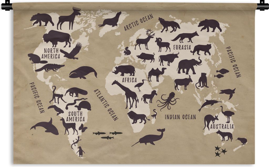 MuchoWow Wandteppich Wandbehang Weltkarte - Tiere - Welt 120x80 cm Tapisserie Dekoration Wandtuch - Wanddekorationen - Wandtücher