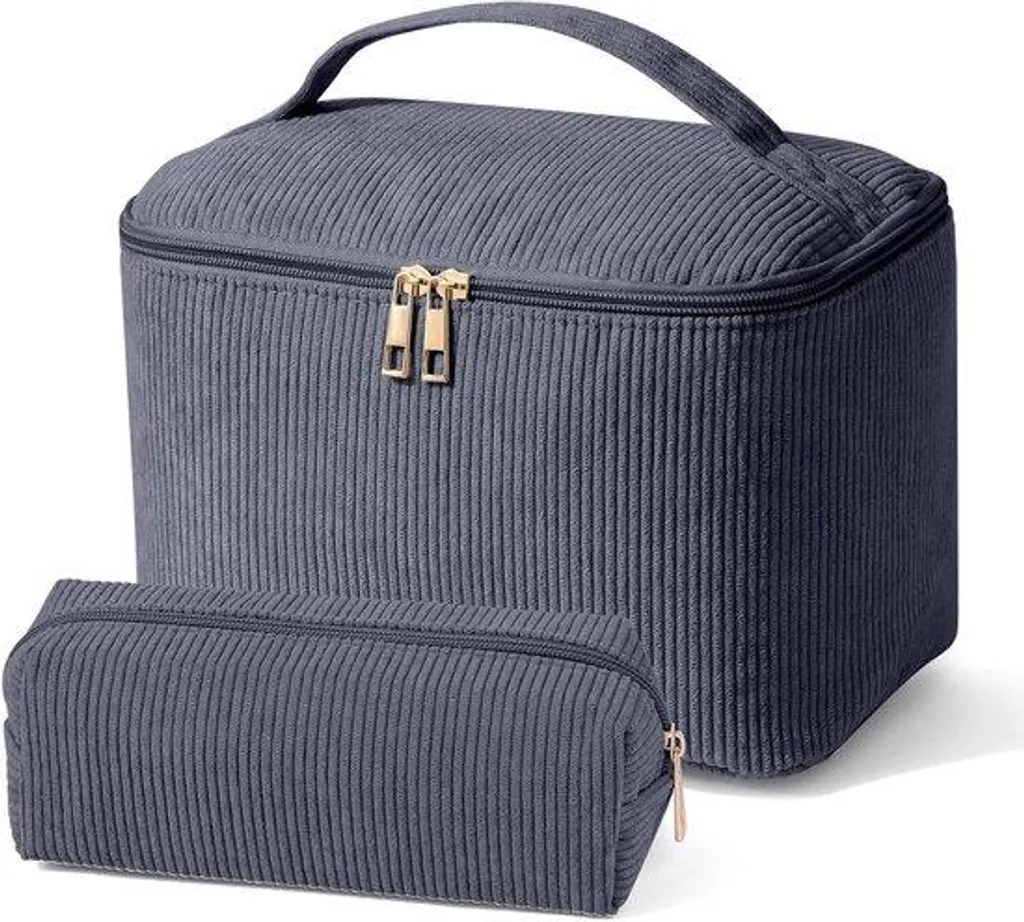 Trousse Maquillage Voyage en Velours Gris - Duo Pratique avec Poignée