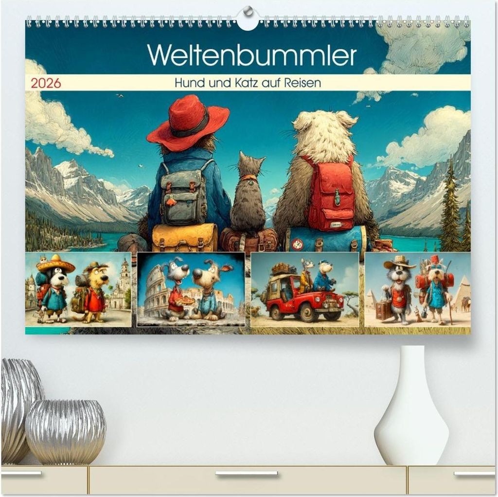 Weltenbummler. Hund und Katz auf Reisen (hochwertiger Premium Wandkalender 2026 DIN A2 quer), Kunstdruck in Hochglanz