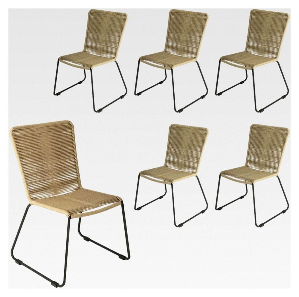 Loreno 6er Set Outdoor Seilstuhl ISRA – Stapelbare Gartenstühle mit grauer Seilbespannung aus Polyester und schwarzem Eisen-Gestell – Modernes...