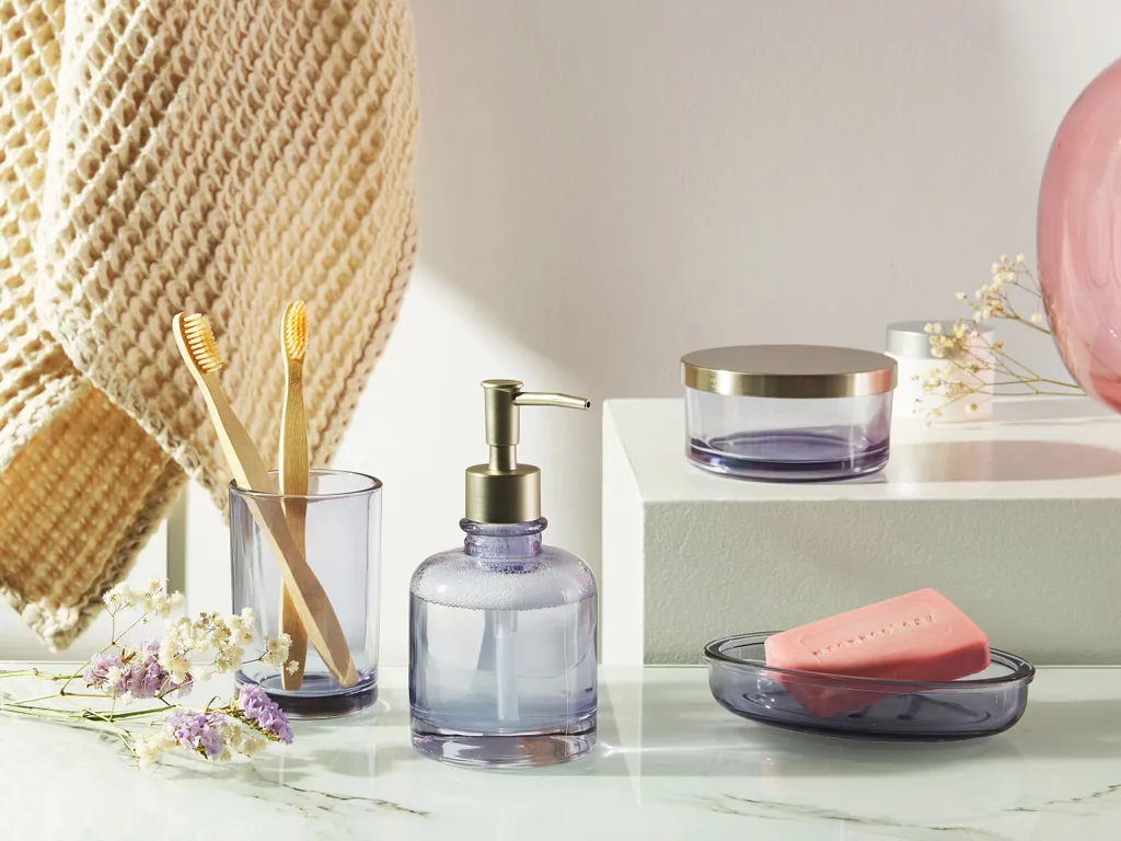 Ensemble de salle de bain complet 4 accessoires verre violet design