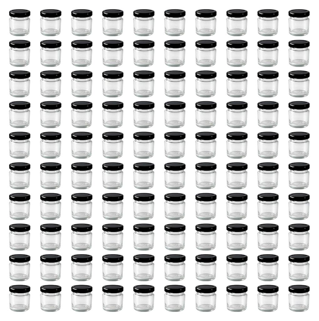 100 Mini Marmeladengläser 50 ml - mit schwarzem Deckel - kleine Einmachgläser mit Schraubdeckel - leere Gläser für Marmelade - 100 Stück