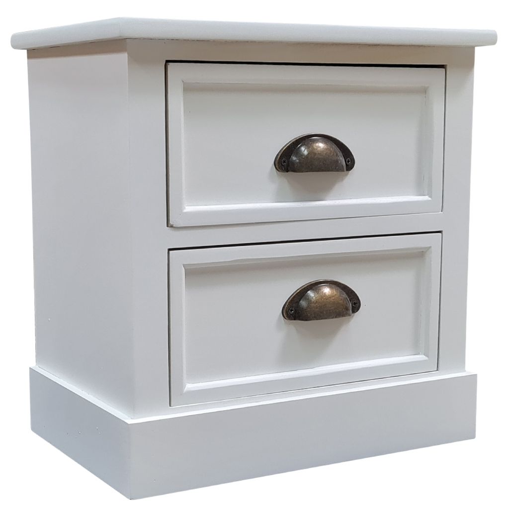 A white wooden nightstand with two drawers and bronze handles, shown against a white background.