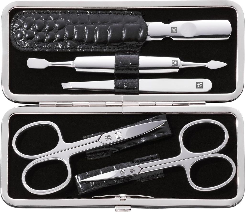 Maniküre Set (5 Teile für Nagel- und Fußnagelpflege Echtes Lederetui mit Metallrahmen) Polierter Edelstahl Krokodil-Edition Schwarz von ZWILLING
