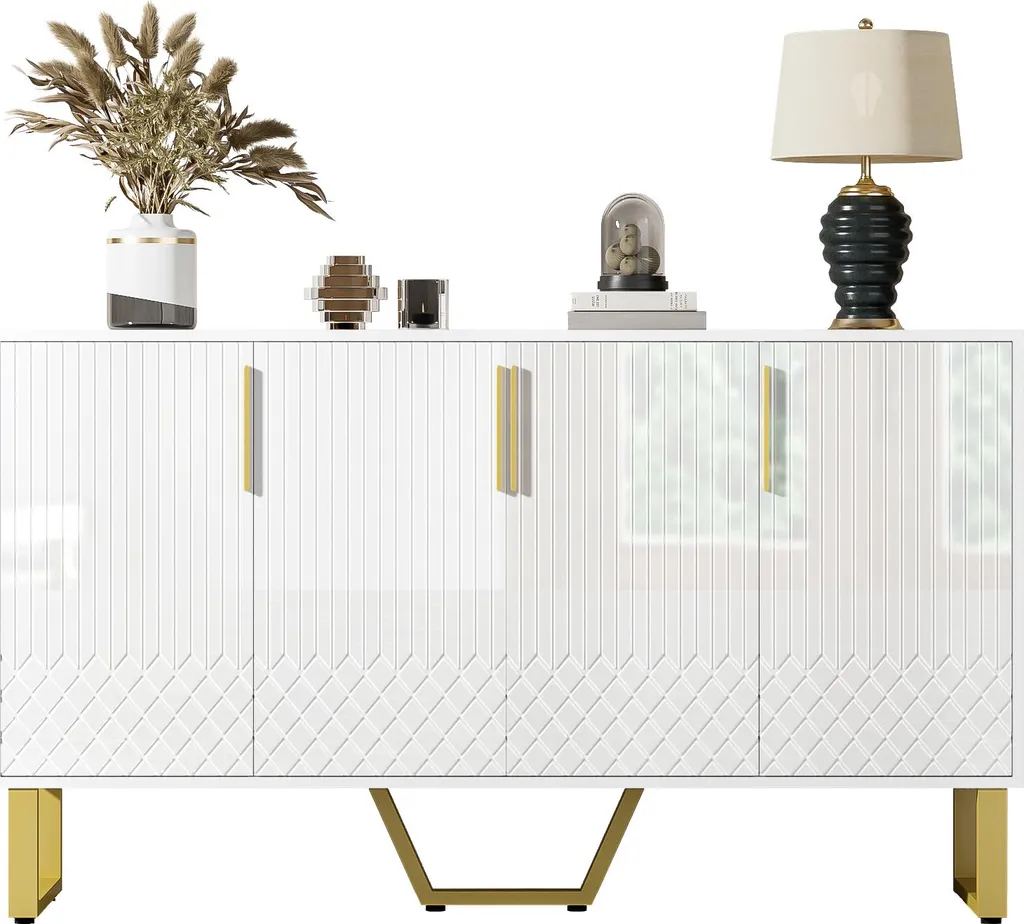 Buffet Sweiko Blanc Brillant 140cm avec 4 Portes et Pieds Métalliques