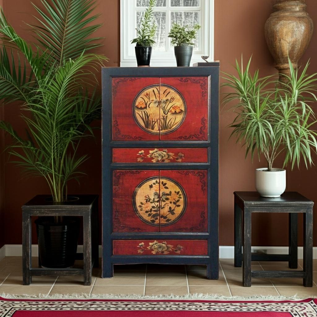 OPIUM OUTLET chinesischer Vintage Schrank Hochzeitsschrank rot-schwarz, Kommode Landhaus-Stil Möbel asiatisch orientalisch chinesisch für Schlafz...
