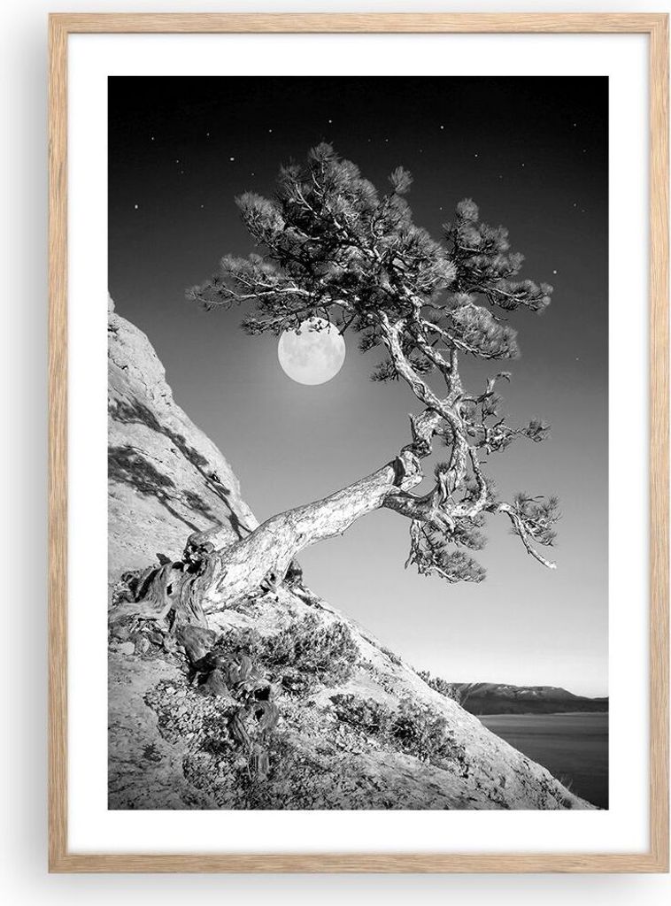 Gerahmtes Poster - Rahmen in heller Eiche - Voll der Mond Baum - 50x70 cm - Wand Bild - Wanddeko - Wandbilder - Kunstposter - Wandposter - Bilderra...