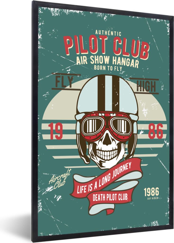 MuchoWow MuchoWow Gerahmtes Poster Pilot - Totenkopf - Brille - Retro 60x90 cm - Poster mit zchwarzem Bilderrahmen - Kunst