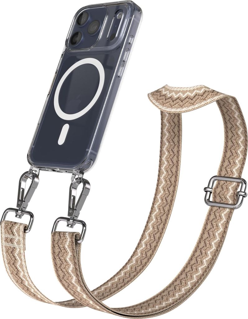 EAZY CASE - Handykette mit MagSafe Hülle für Apple iPhone 17 Pro, Handyband Wave Style, Karabiner Silber, Umhängeband in Hellbraun