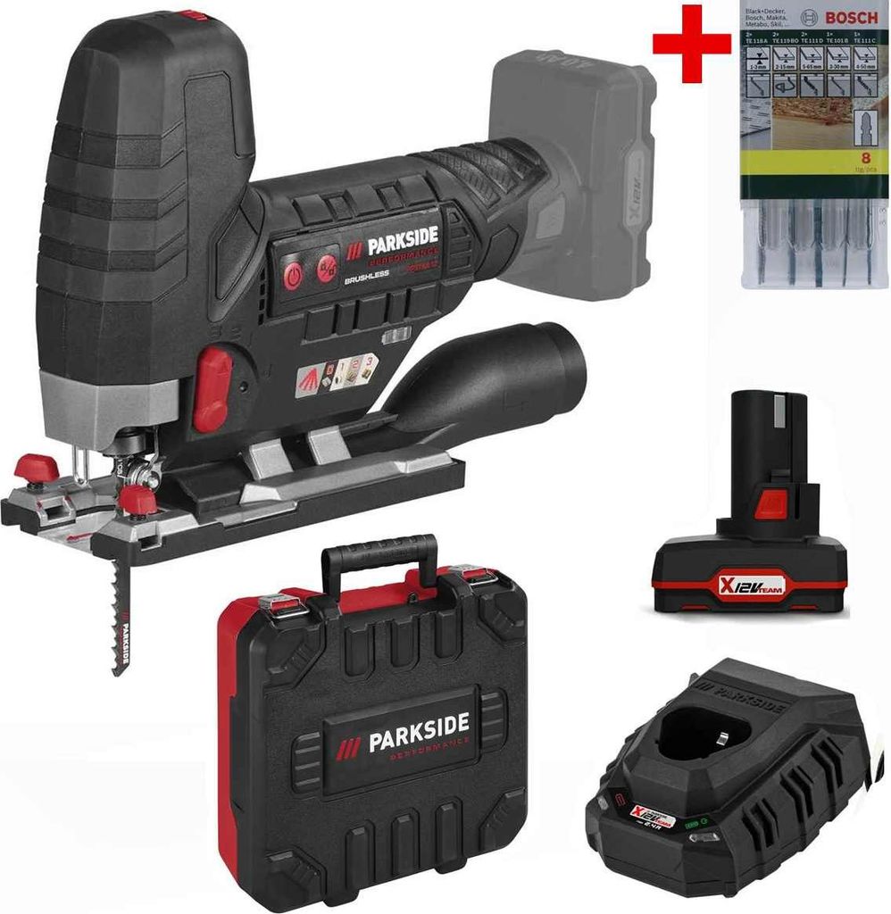 A collection of power tools and accessories laid out on a white background.