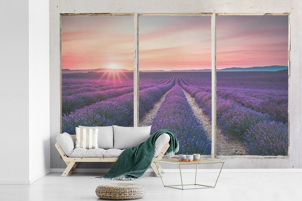 MuchoWow Fototapete für Wohnzimmer oder Schlafzimmer Wandtapete Vinyl Motivtapete Ausblick - Lavendel - Sonnenuntergang - 450x300 cm - Gemusterte