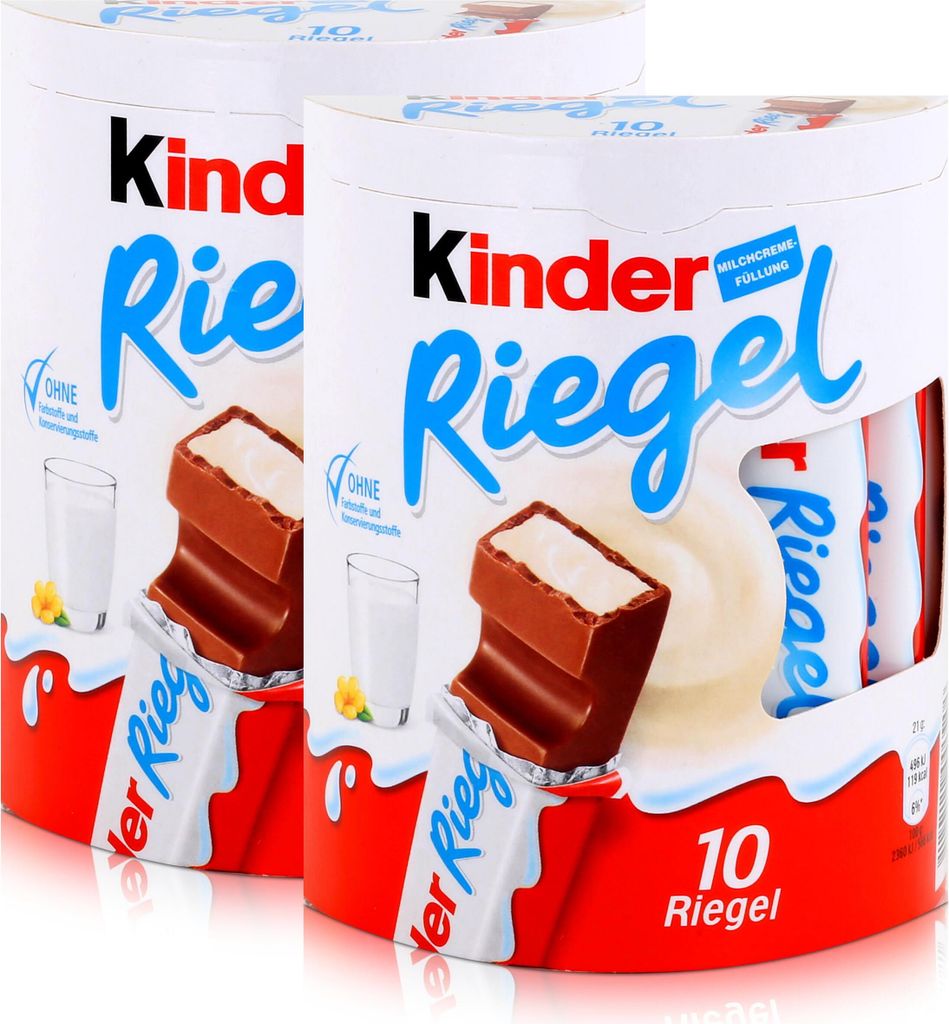 Two packages of Kinder Riegel chocolate bars are displayed side-by-side against a white background.