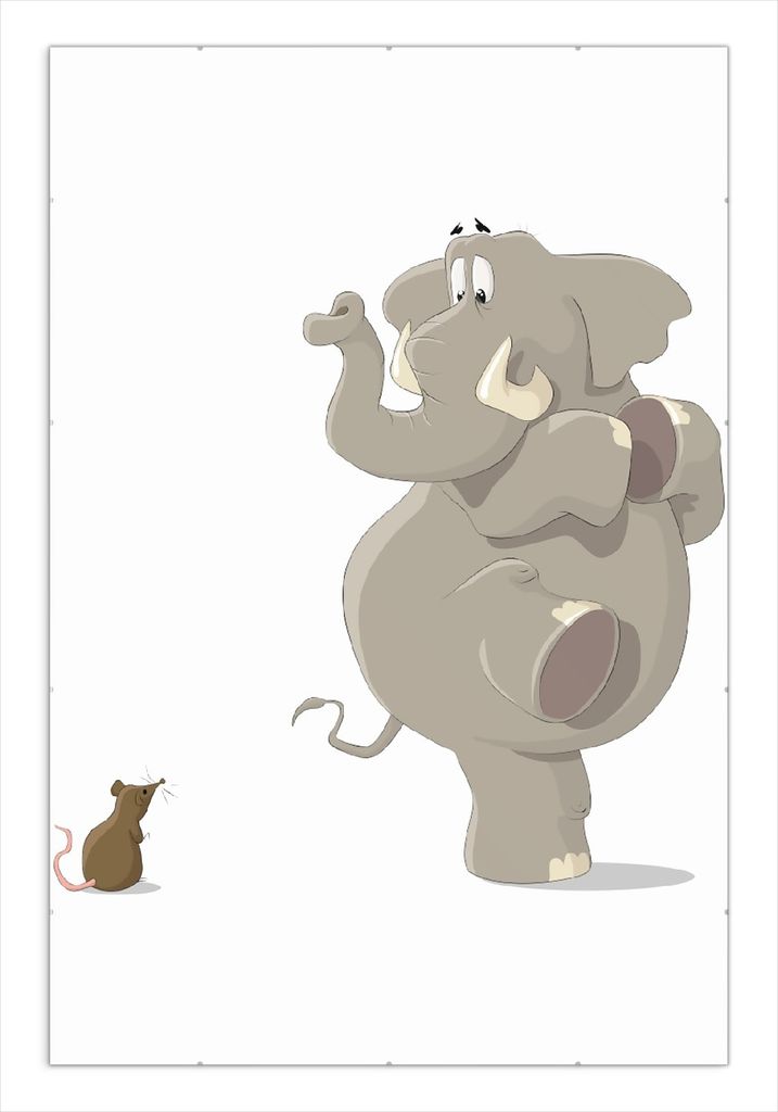Wallario Wandbild Elefant erschrickt vor Maus, Größe: 61 x 91,5 cm, Poster mit rahmenlosen Bildhalter