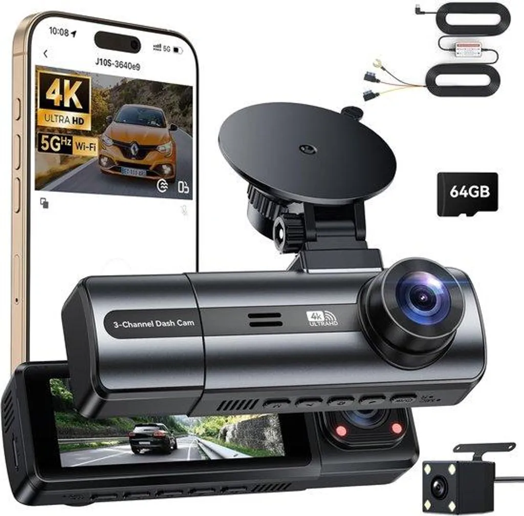 Dashcam 4K 3 canaux avec vision nocturne WDR et carte SD 64 Go incluse