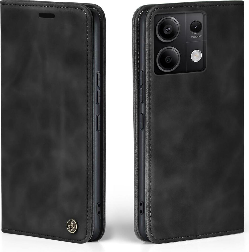 A black flip cover phone case for a Xiaomi Redmi Note 13 Pro 5G is shown from two angles.