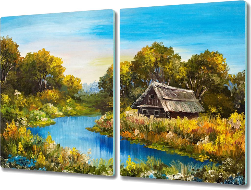 Coloray Hackbrett Herdabdeckplatte 2x40x52 cm Küchenbrett Kochplattenabdeckung Schneidebrett - Wald Fluss Himmel Hütte