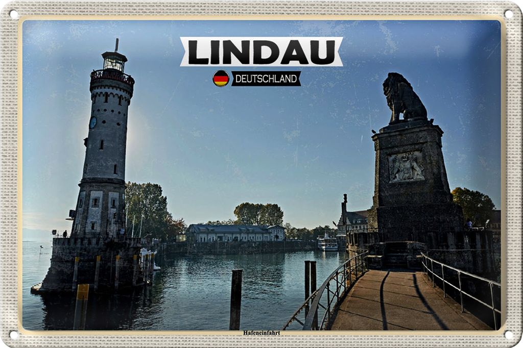 Blechschild Städte Lindau Hafeneinfahrt Fluss Gebädue 40x30cm