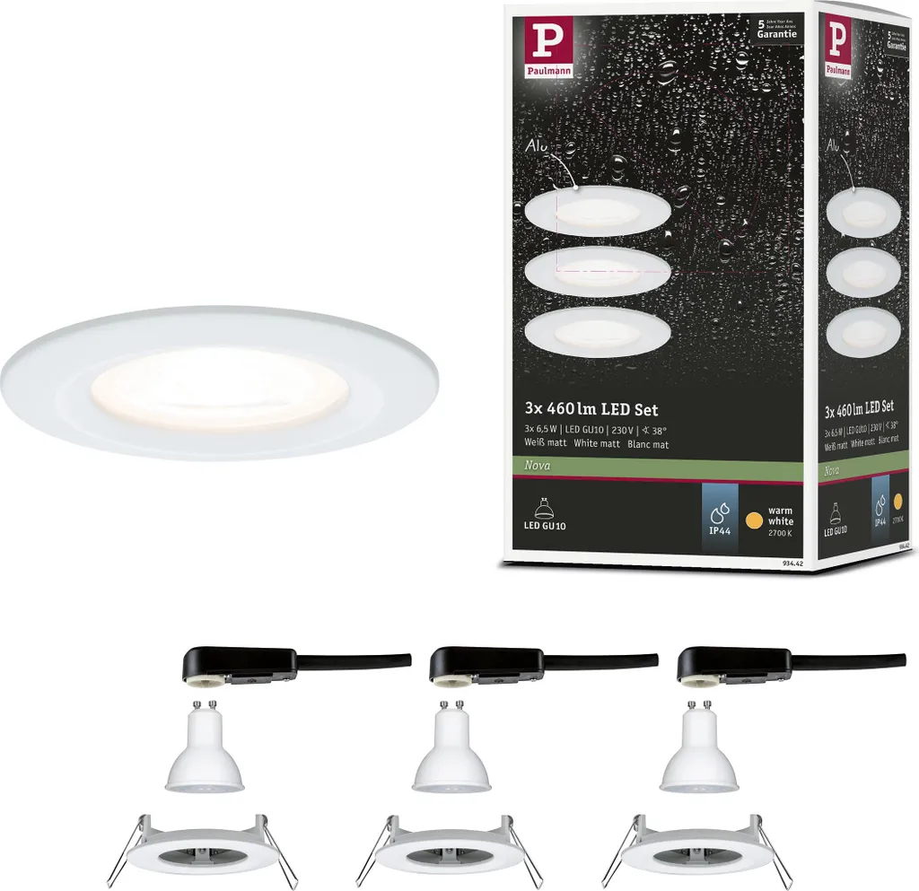 Paulmann Nova Basic Set LED 3x6.5W: Faretti Incasso IP44 230V Bianco