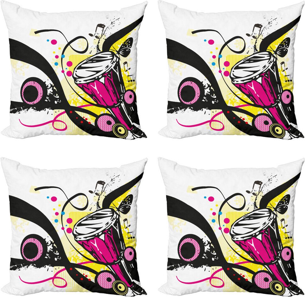 ABAKUHAUS Schlagzeug Kissenbezug Set (4 Stück), Retro Musical Abstrakte Kunst, Moderner Doppelseitiger Digitaldruck, 50 cm x 50 cm, Weiß Koksgraue