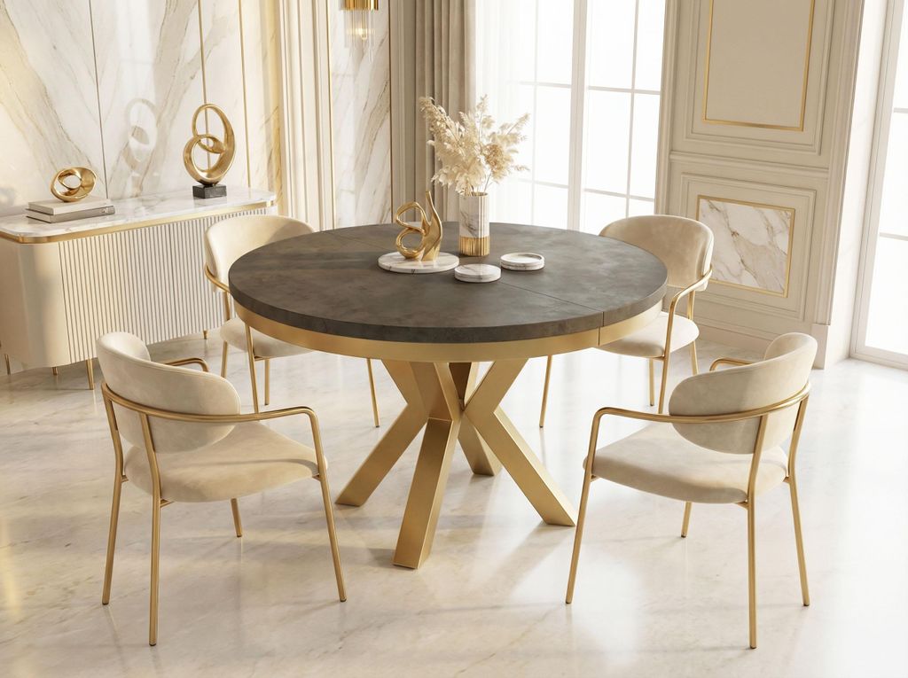 Runder Ausziehbarer Esstisch im Loft-Stil - Industrieller Tisch mit Goldenen Metallbeinen - Platzsparender Tisch für Wohnzimmer - Dark Grey Chicag...