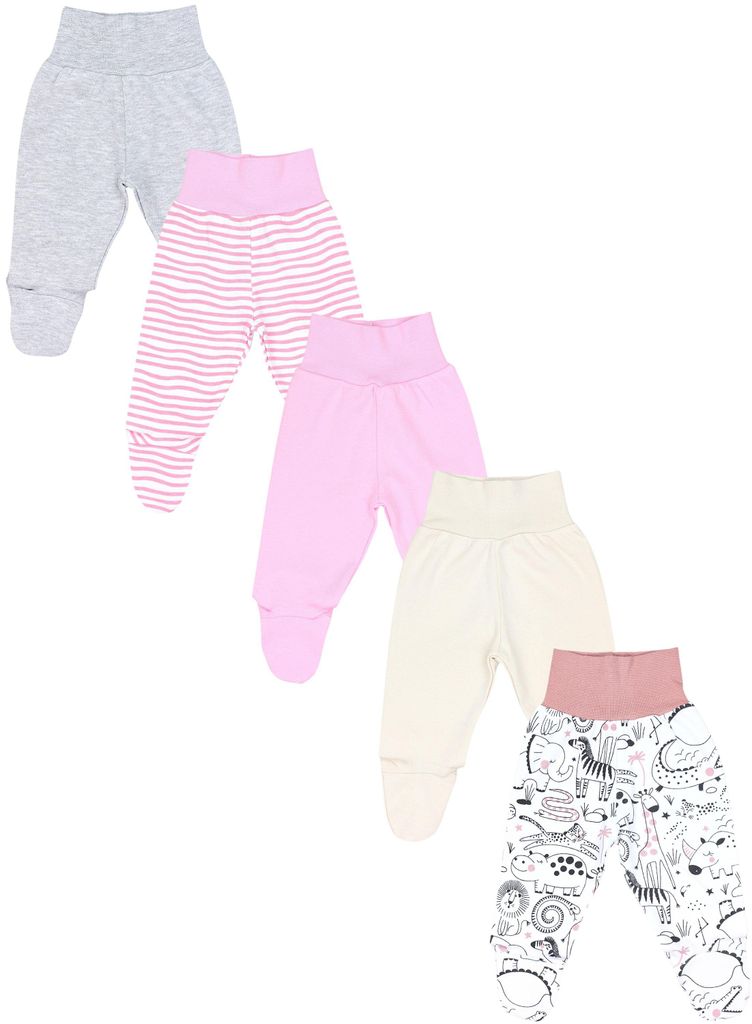TupTam Baby Strampelhose Jungen Mädchen Hose mit Fuß 5er Pack, Farbe: Pink Dschungeltiere Grau Elfenbein, Größe: 86