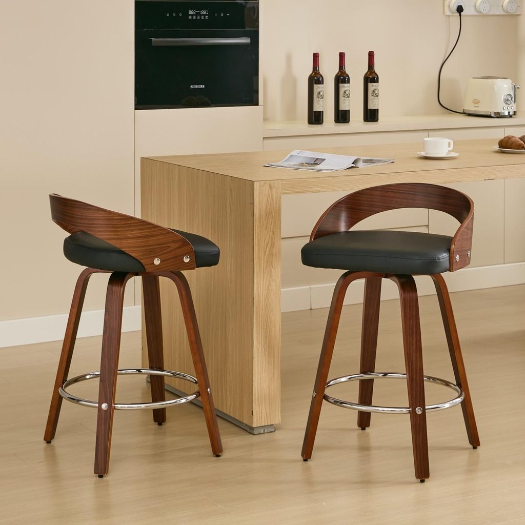 Barhocker-Set, 2er-Set, drehbare Barhocker mit niedriger Rückenlehne, Barstühle aus Holz mit weich gepolstertem Sitz, Sitzhöhe 63 cm (Schwarz, T...