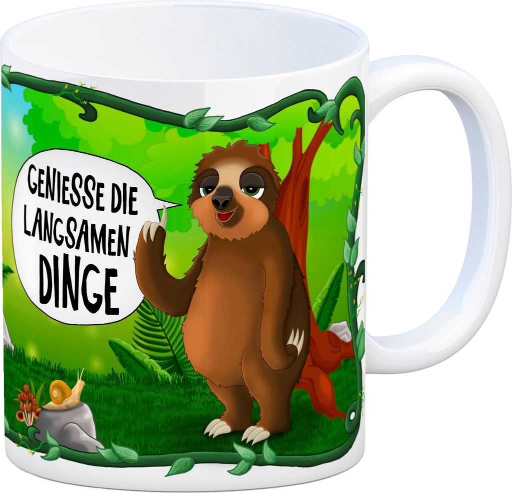 Kaffeebecher mit Faultier Dschungelmotiv und Spruch: Genieße die langsamen