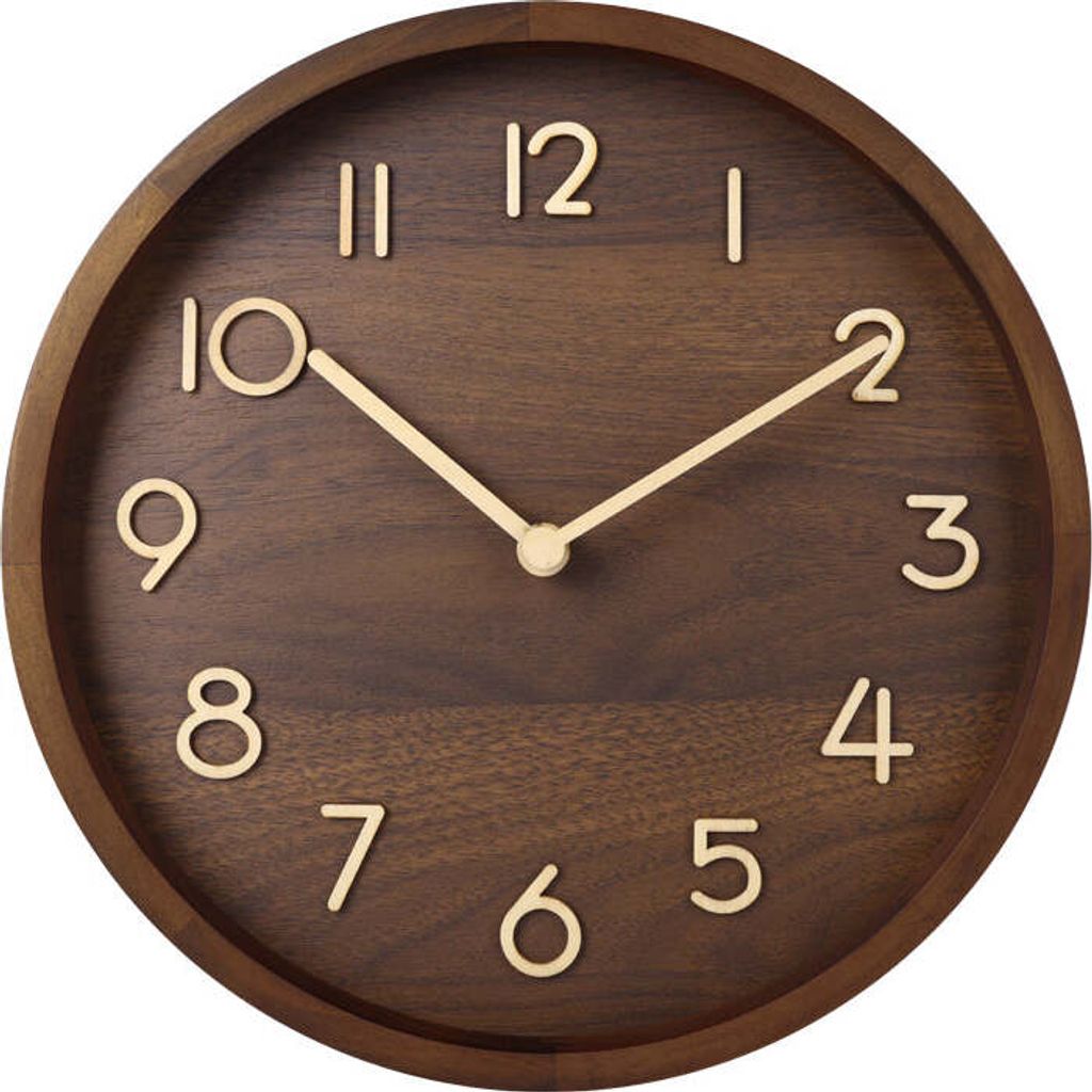 A close-up studio shot of a wooden wall clock.