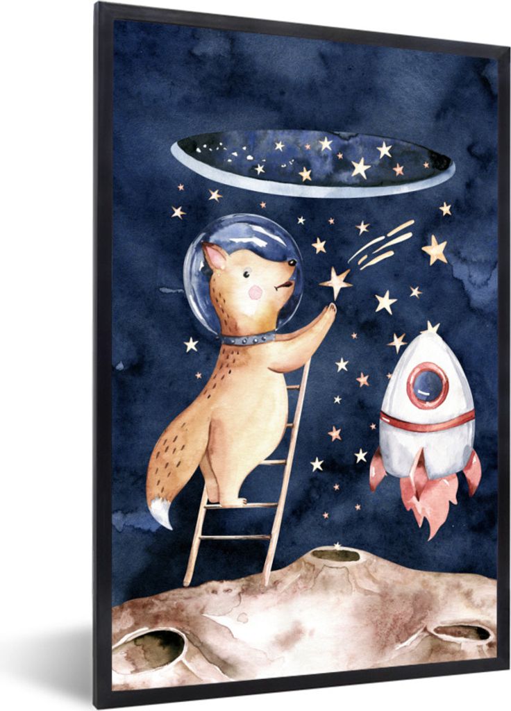 MuchoWow Gerahmtes Poster Weltraum - Rakete - Fuchs - Jungen - Mädchen - Kind 60x90 cm - Poster mit Schwarzem Bilderrahmen Wandposter Rahmen Fot...
