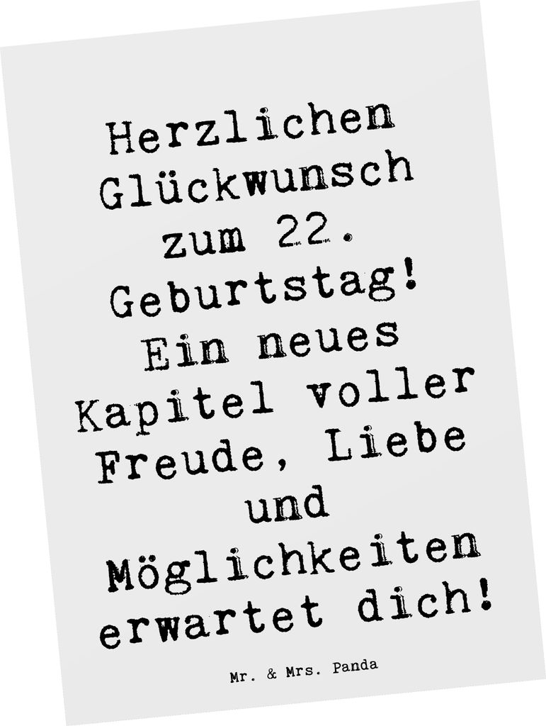 Mr. & Mrs. Panda Postkarte Spruch 22. Geburtstag - Weiß - Geschenk, Feier, Glückwünsche, neues Kapitel, Postkarten, Glückwunsch, bildkarte, Gru...