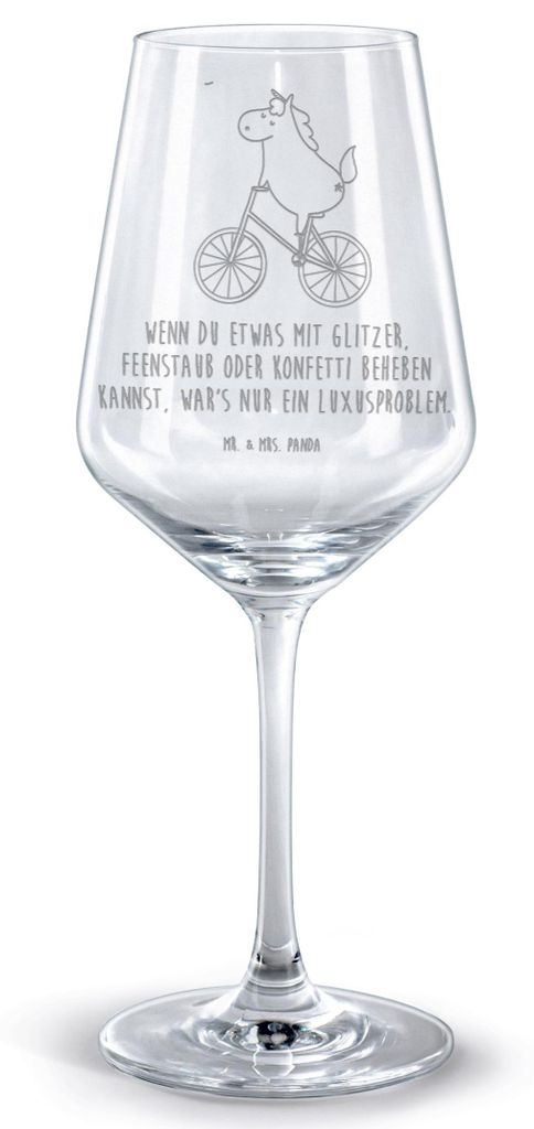 Mr. & Mrs. Panda Rotweinglas mit Gravur Einhorn Radfahrer - Transparent - Geschenk, weinglas graviert, glas für rotwein, Unicorn, Bike, wein, Einh...