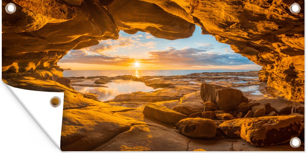 MuchoWow 80x40 cm Outdoor-Poster Gartendeko Sichtschutz Garten Poster für den Garten Höhle - Meer - Horizont - Sonnenuntergang