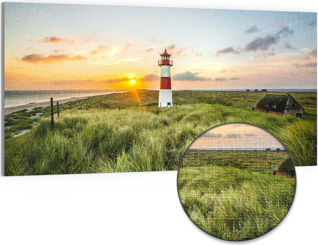 DEQORI Hybrid Leinwand Bild 100x50 cm 'Leuchtturmliebe' Wandbild Glas flach modern