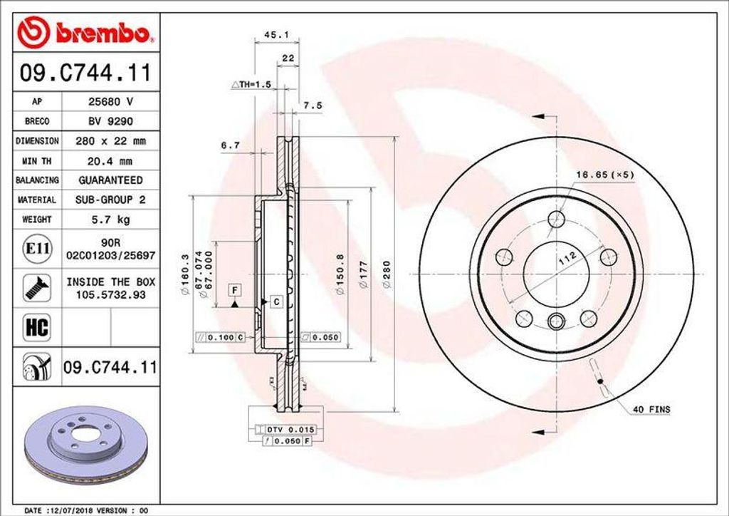 BREMBO 09.C744.11 Bremsscheibe OE 34116799347 kompatibel mit Clubman, Mini, 2er F45