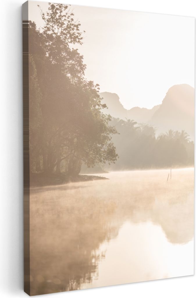MuchoWow - Leinwandbilder - Landschaft - Wald - Wasser - Nebel - Beige, Wandbild, Wanddeko Bilder Wohnzimmer, 20x30 cm