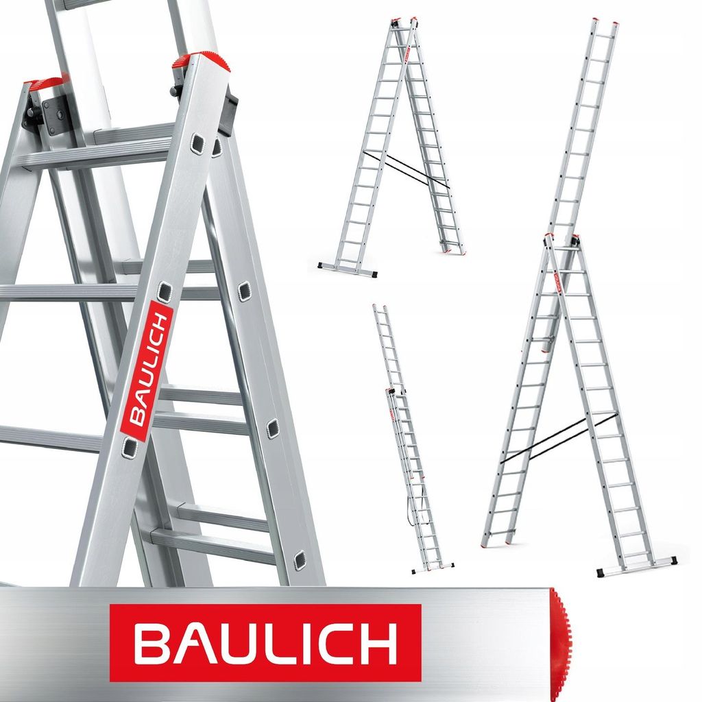 Baulich | Aluminiumleiter - 3-teilige - 3x14 Stufen - 9,62 M Arbeitshöhe - Leicht - 150 Kg Tragfähigkeit - Multifunktionale Leiter