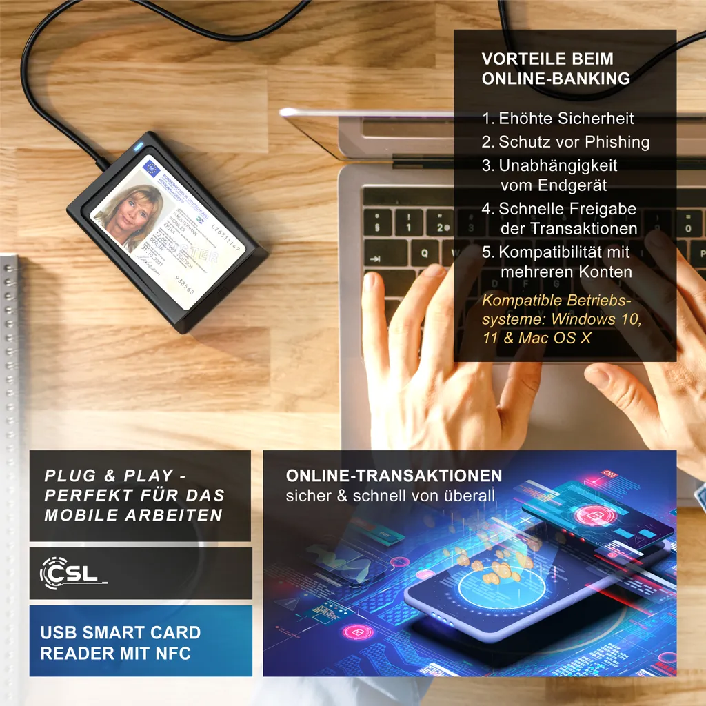 CSL Lettore USB-C 4-in-1: Smart Card, NFC, SIM e Memory Card Reader - 4