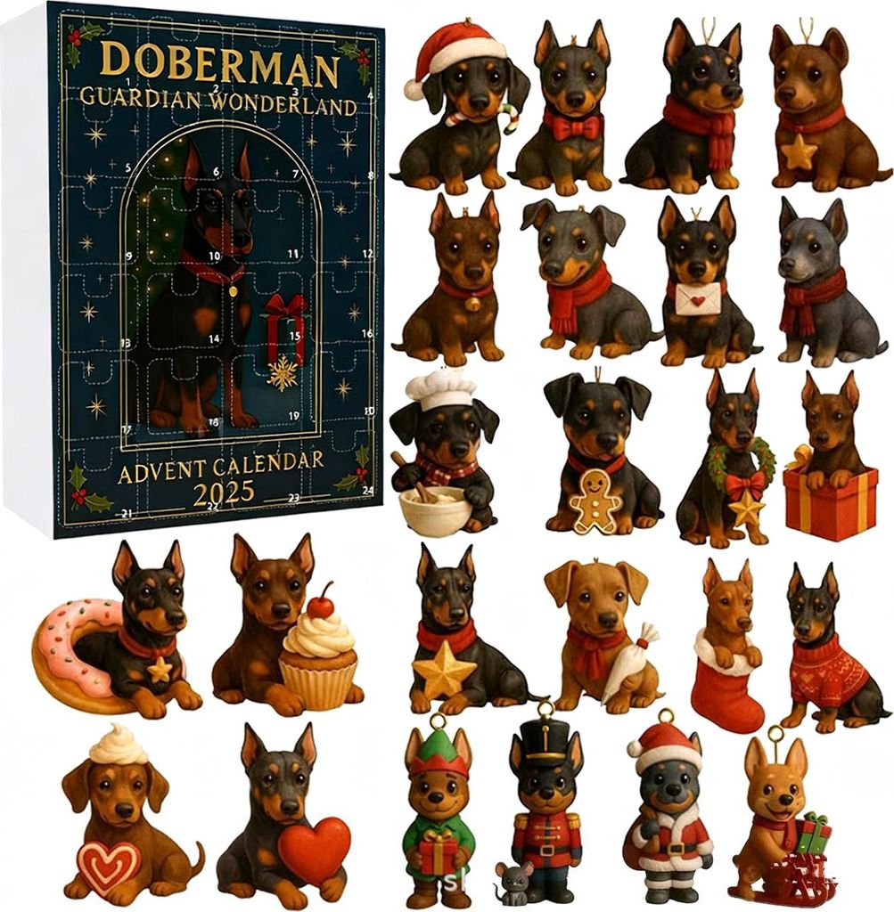 Dobermann-Adventskalender 2025: 24-tägige Weihnachts-Countdown-Box mit Acryl-Ornamenten, multifunktionale Weihnachtsbaumdekoration und Geschenk f...