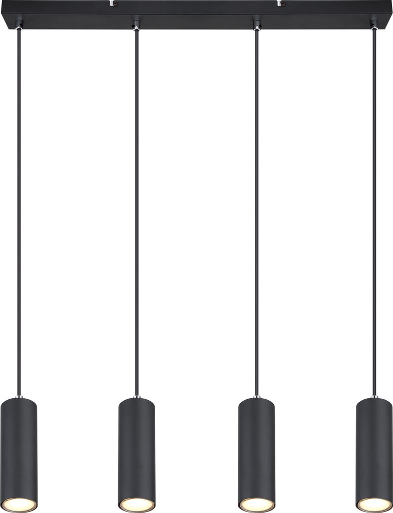 A modern, minimalist pendant light fixture with four cylindrical black shades hanging from a black rectangular bar.