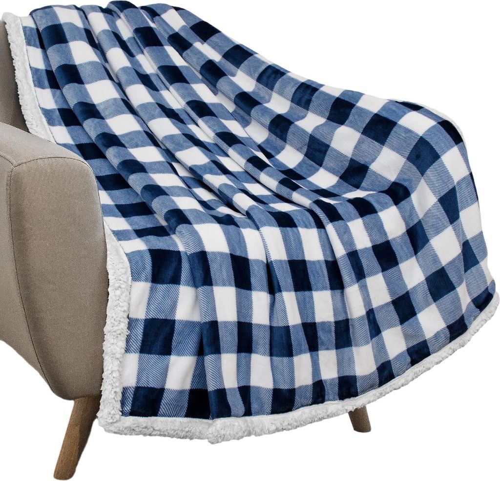Buffalo Plaid Sherpa-Decke | Flauschige, weiß-marineblau karierte Flanell-Fleecedecke für Couch und Bett | Plüschige, warme, weiche Mikrofaserde...