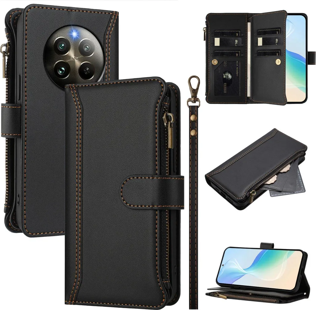 Custodia per Realme 13 4G/Realme 12 4G, flip case in Finto cuoio con cerniera e portafoglio, con tasche per carte, supporto e passante per la mano nero
