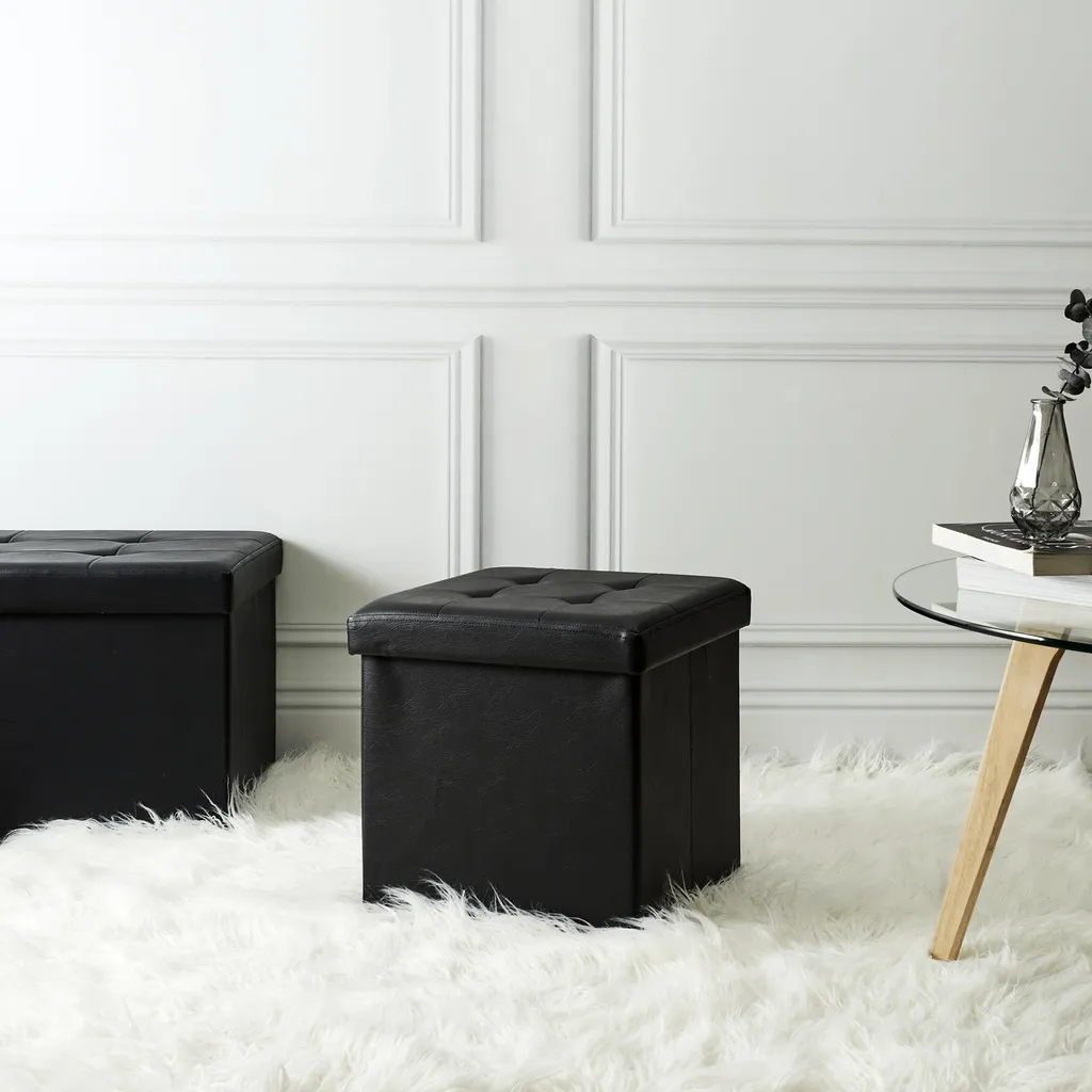 Pouf de Rangement Noir en PU avec Assise Rembourrée - Coffre Gain de Place