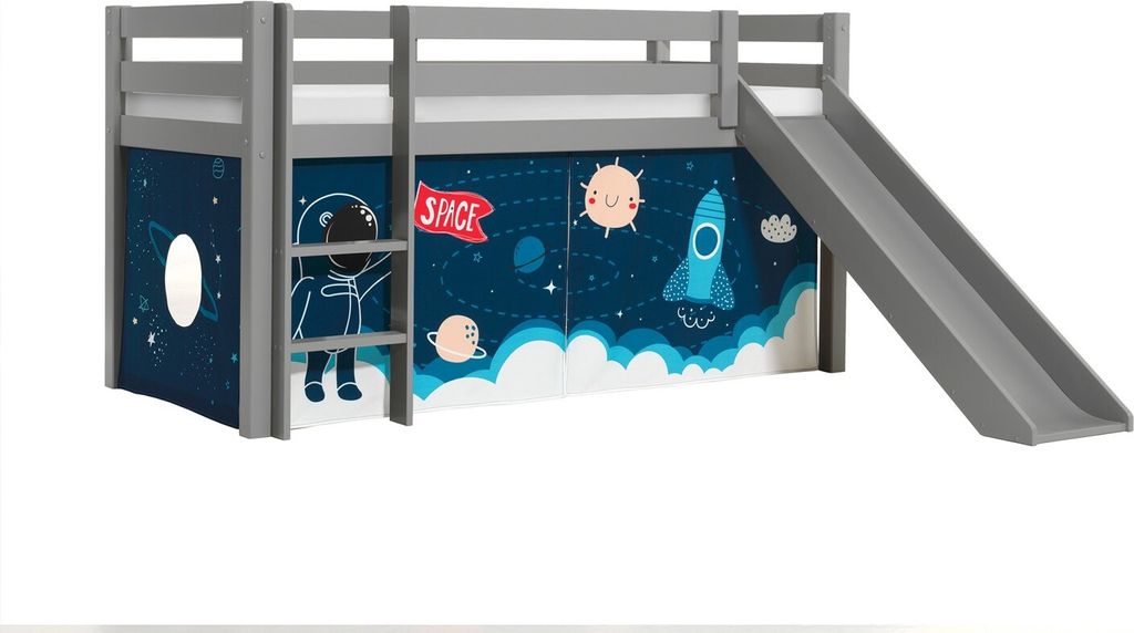 Halbhohes Bett Pino mit Rutsche und Textilset Rakete Kiefer Grau