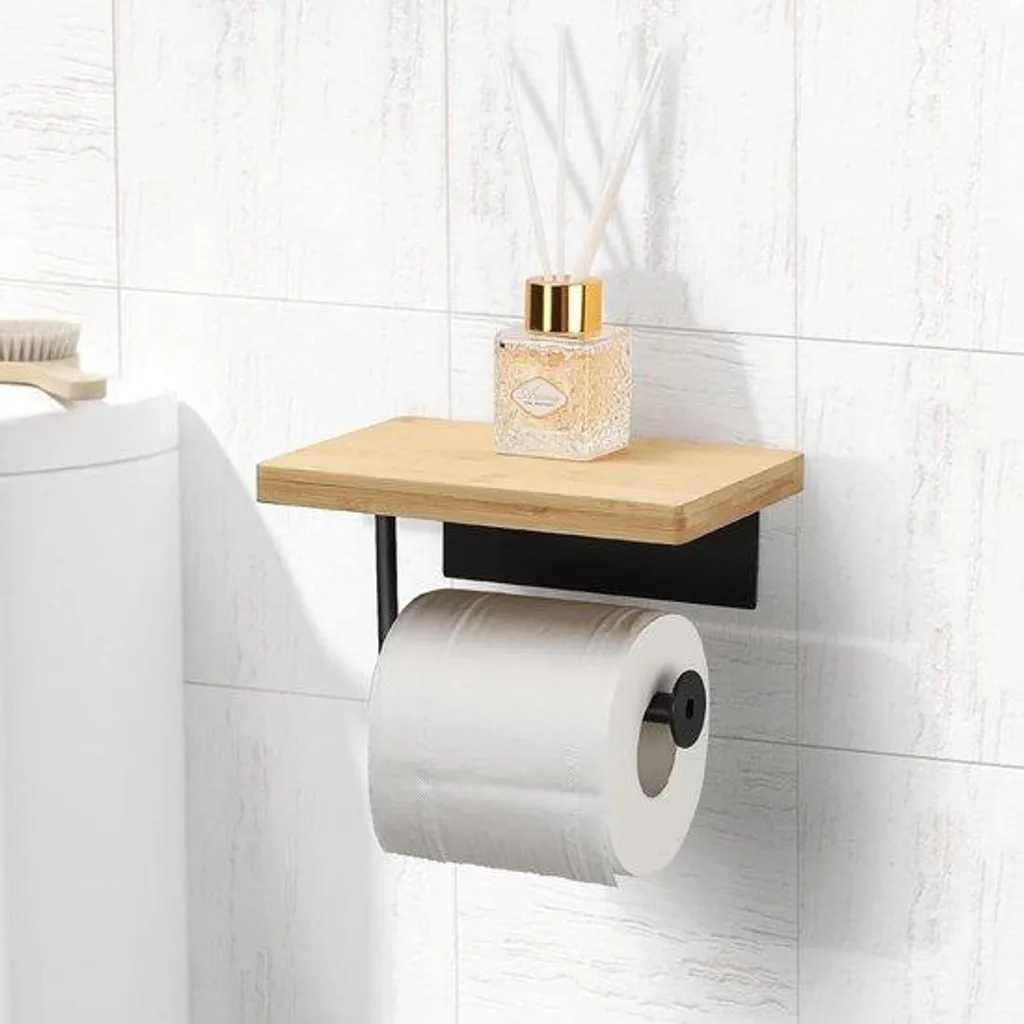 Porte-rouleau WC en bambou et acier noir mat sans perçage - Modèle Zen