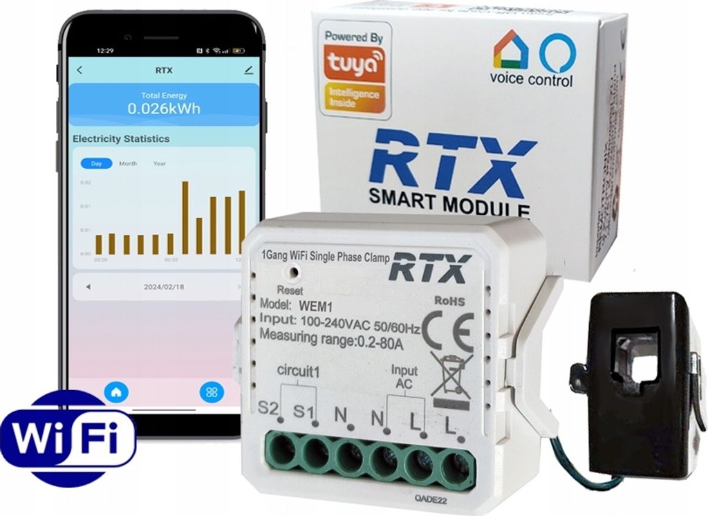 Energiezähler - Spannungsstromzähler mit Transformator 80A WiFi Tuya