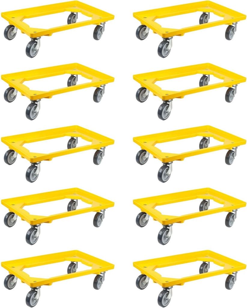 SparSet 10x Transportroller für Euroboxen 60x40cm mit Gummiräder gelb | Offenes Deck | 2 Lenkrollen & 2 Bockrollen | Traglast 300kg | Kistenrolle...